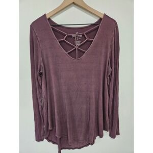 American Eagle Soft & Sexy Plum Purple Strappy V-Neck Long Sleeve Top XL
